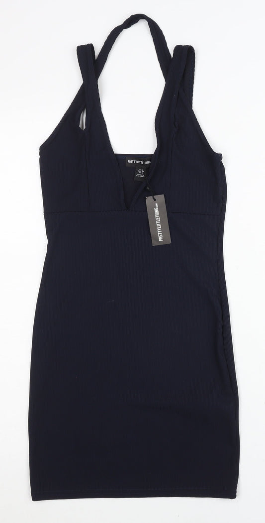 PrettyLittleThing Women Black Size 8 Bodycon Mini V-Neck Dress