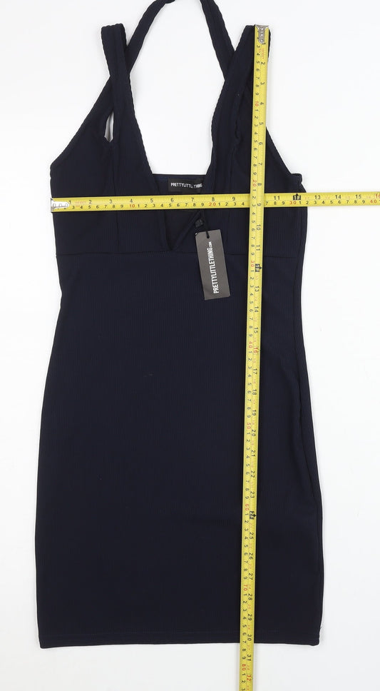 PrettyLittleThing Women Black Size 8 Bodycon Mini V-Neck Dress