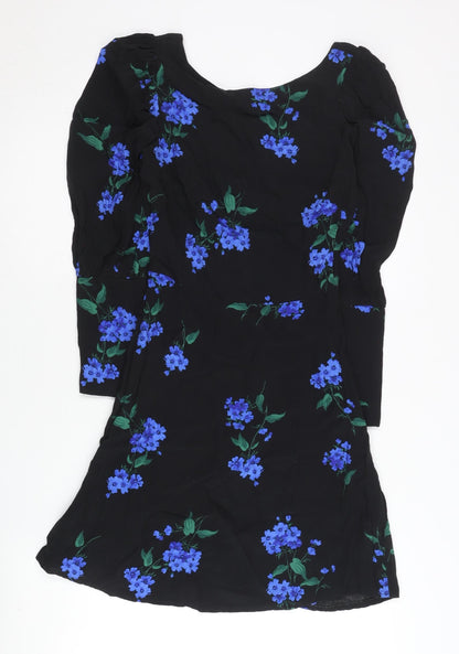 Nobody's Child Women's Black Floral A-Line Viscose Dress Size 6