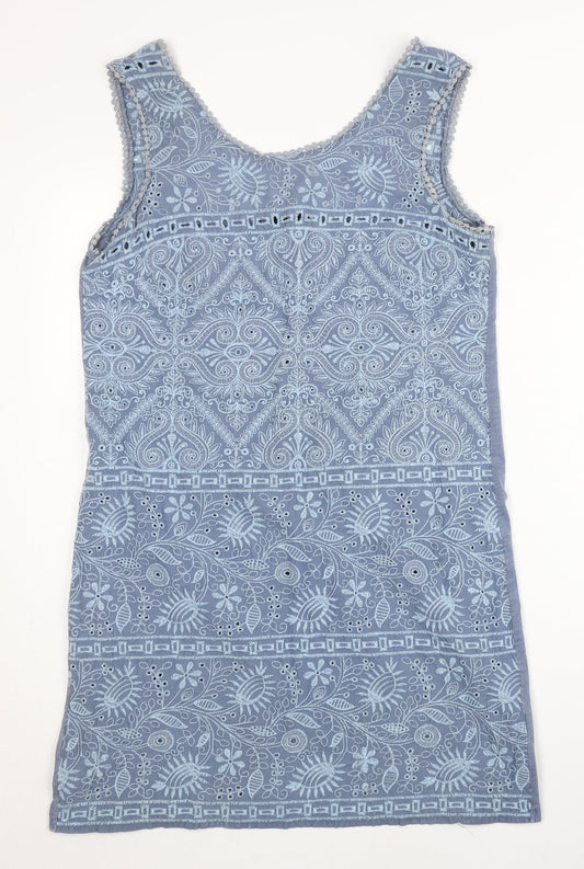 Next Women Blue Embroidered Shift Dress Size 10 Sleeveless Boho