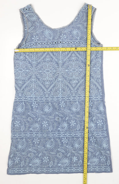 Next Women Blue Embroidered Shift Dress Size 10 Sleeveless Boho