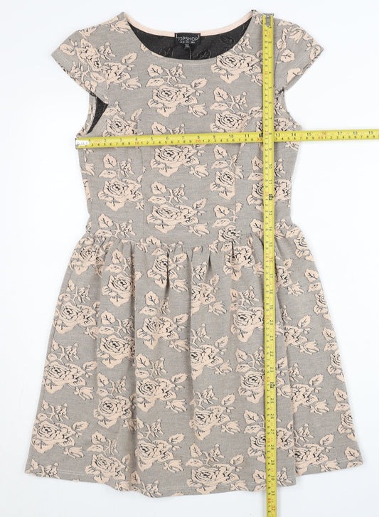 Topshop Women’s Grey Floral Skater Dress UK 6 Short Sleeve