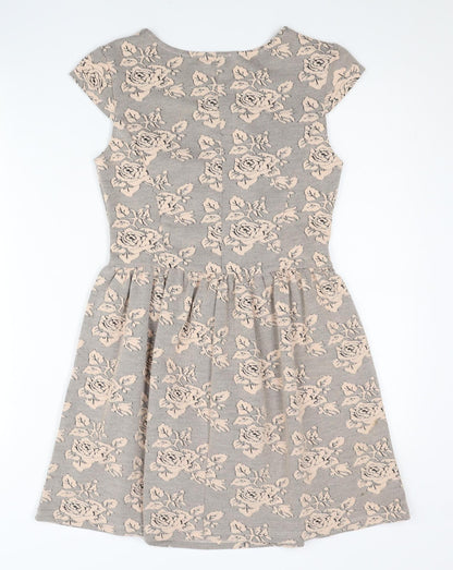 Topshop Women’s Grey Floral Skater Dress UK 6 Short Sleeve