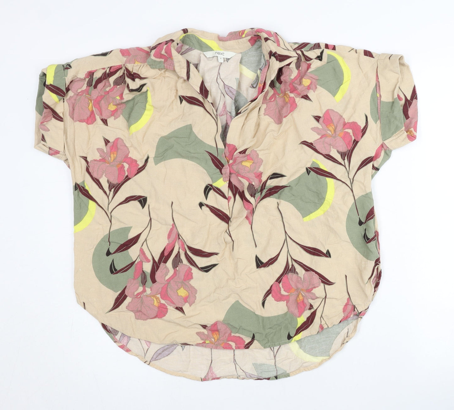 Next Womens Beige Floral Short Sleeve Tunic Blouse UK 8 Viscose Blend