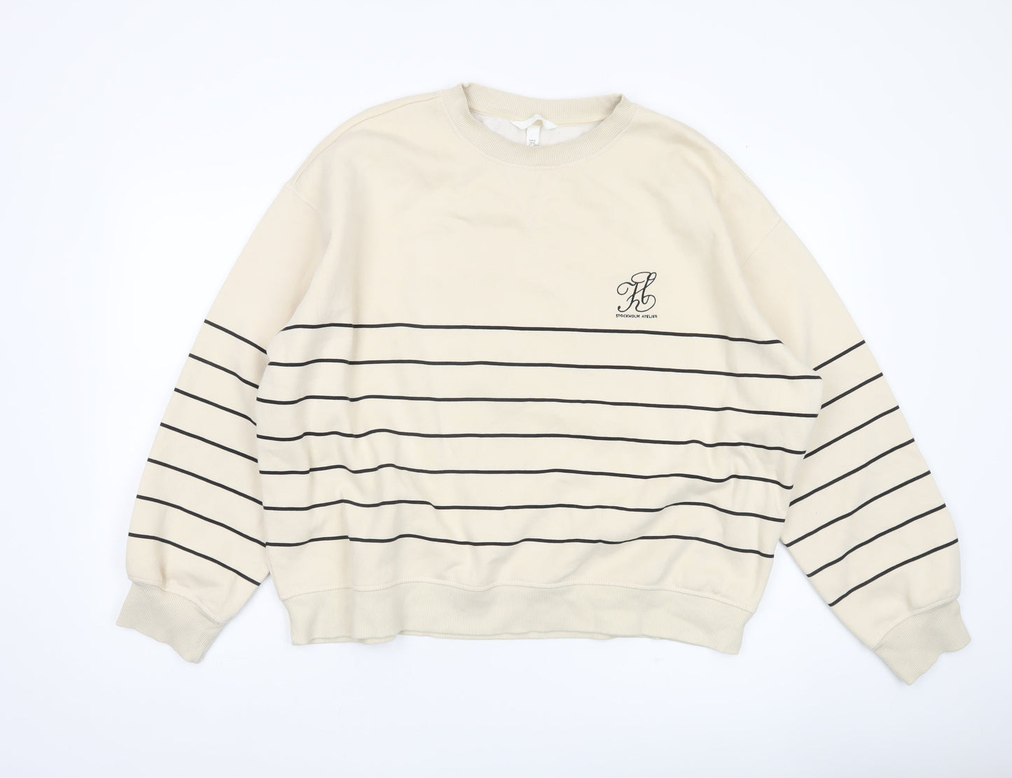 H&M Women’s Beige Striped Sweatshirt Size 14 Relaxed Fit Crew Neck