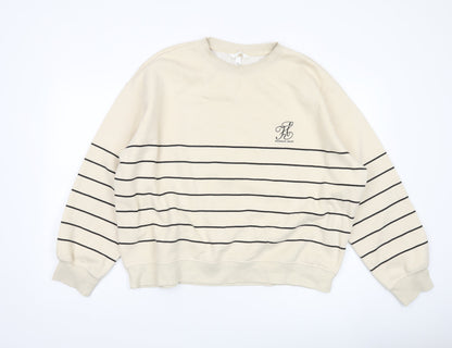 H&M Women’s Beige Striped Sweatshirt Size 14 Relaxed Fit Crew Neck
