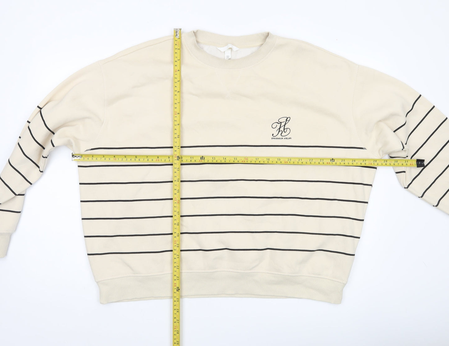H&M Women’s Beige Striped Sweatshirt Size 14 Relaxed Fit Crew Neck