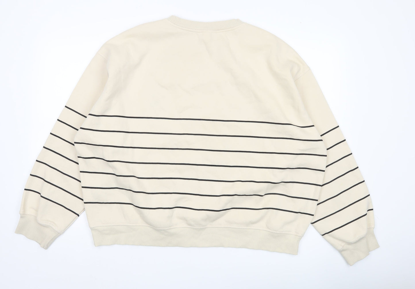 H&M Women’s Beige Striped Sweatshirt Size 14 Relaxed Fit Crew Neck