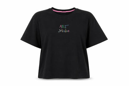 Nümph Womens Black Art Studio Embroidered Cotton T-Shirt M