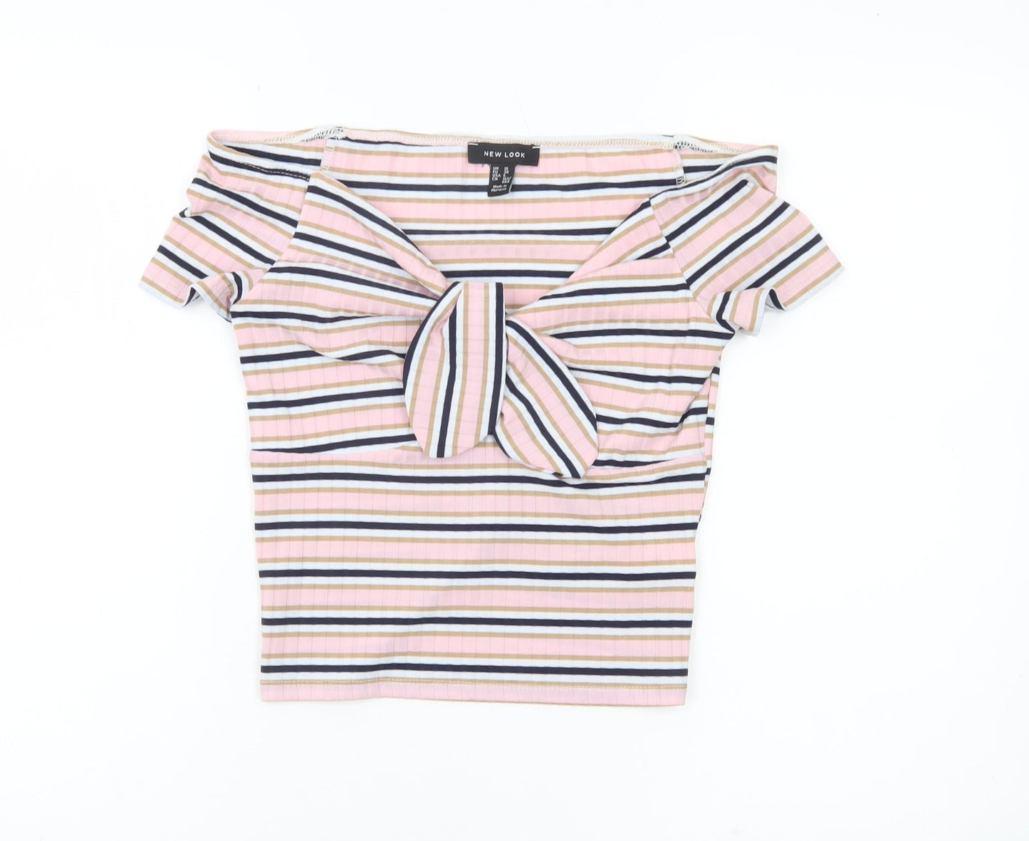 New Look Womens Multicoloured Striped Cropped Bow T-Shirt Size 10