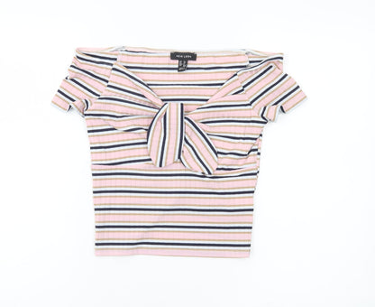 New Look Womens Multicoloured Striped Cropped Bow T-Shirt Size 10