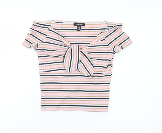 New Look Womens Multicoloured Striped Cropped Bow T-Shirt Size 10