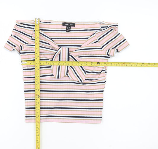 New Look Womens Multicoloured Striped Cropped Bow T-Shirt Size 10