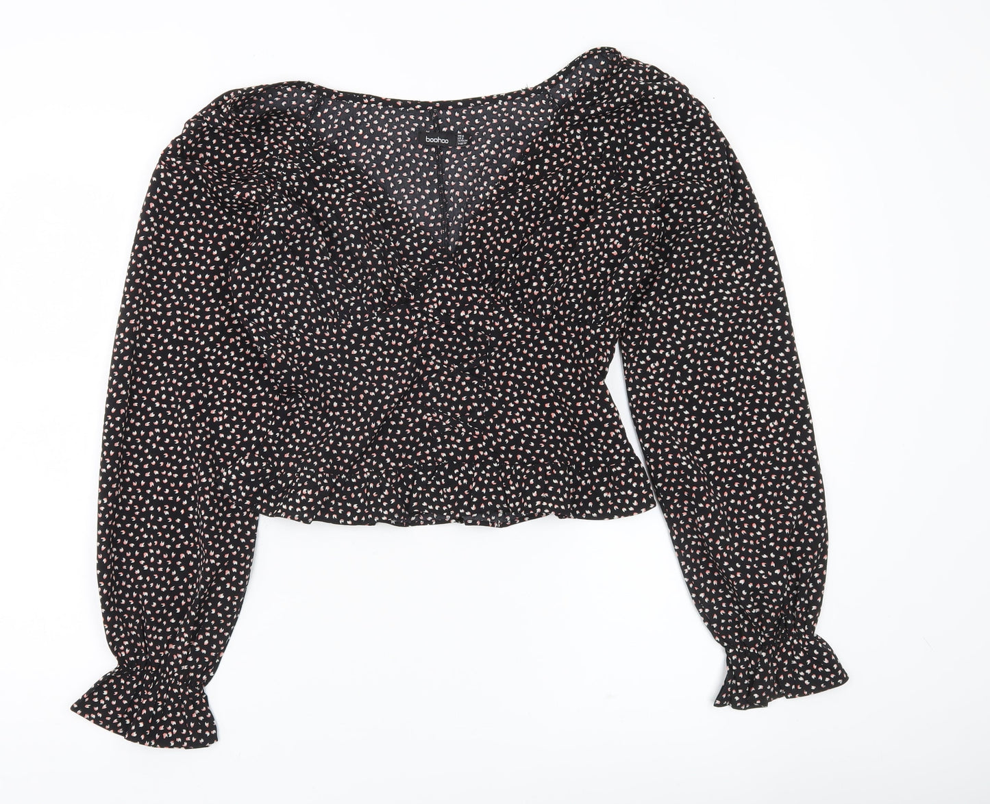 Boohoo Women’s Black Floral Cropped Blouse UK 6 Long Sleeve V-Neck