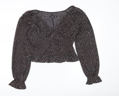 Boohoo Women’s Black Floral Cropped Blouse UK 6 Long Sleeve V-Neck