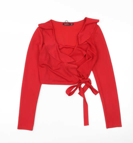 Boohoo Womens Red Long Sleeve Wrap Ruffle Blouse UK 8