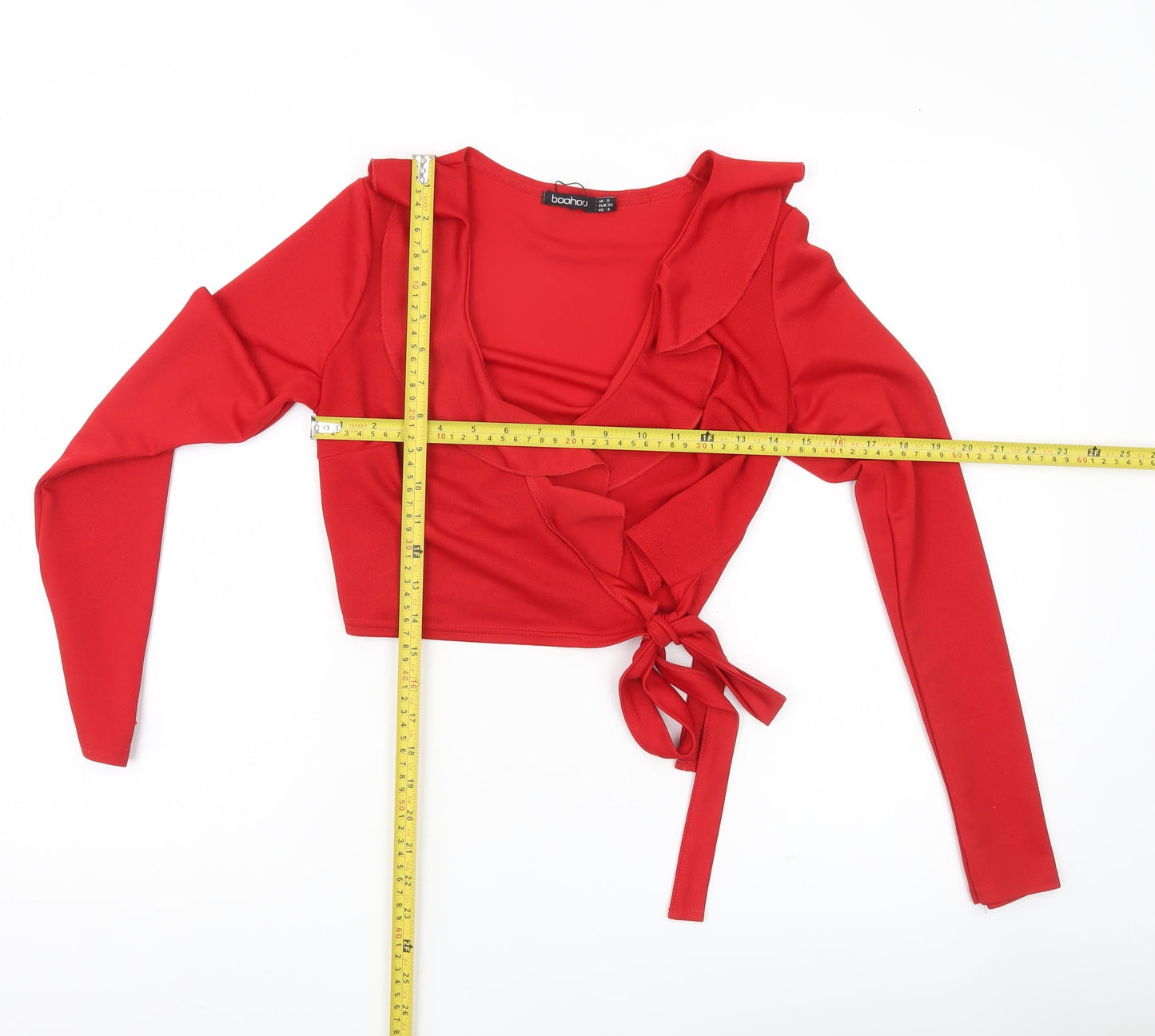 Boohoo Womens Red Long Sleeve Wrap Ruffle Blouse UK 8