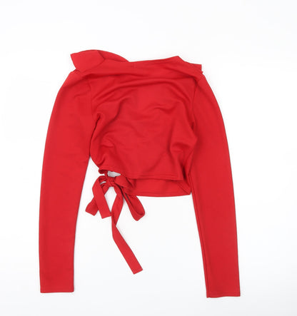 Boohoo Womens Red Long Sleeve Wrap Ruffle Blouse UK 8