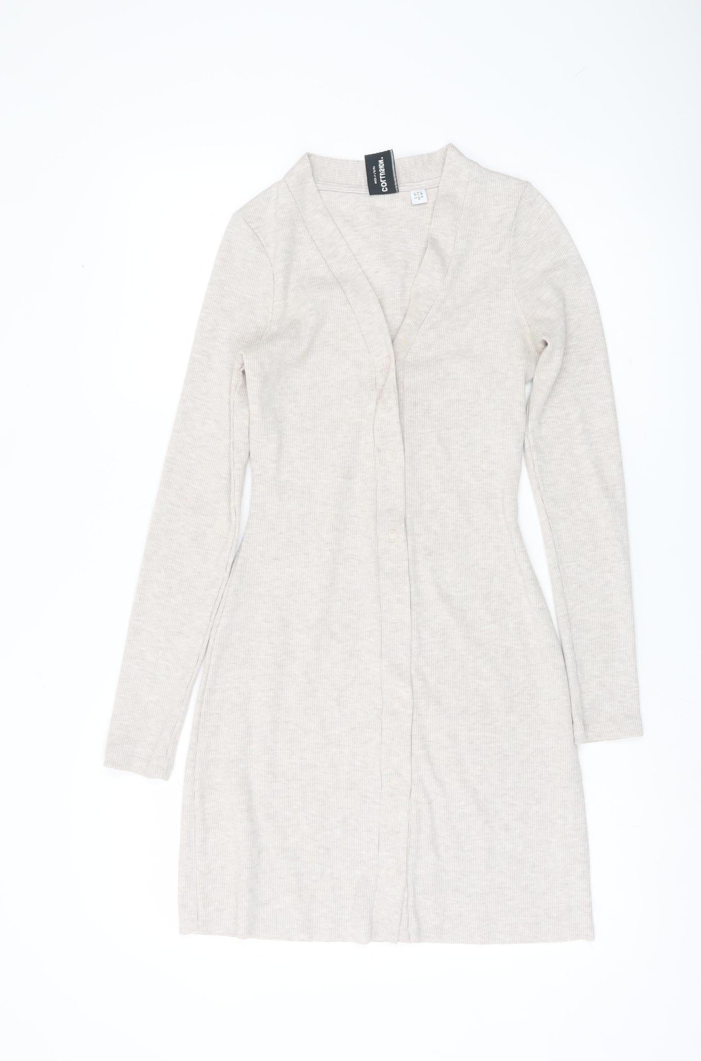 Collusion Women Beige UK 6 Shirt Dress Long Sleeve V-Neck