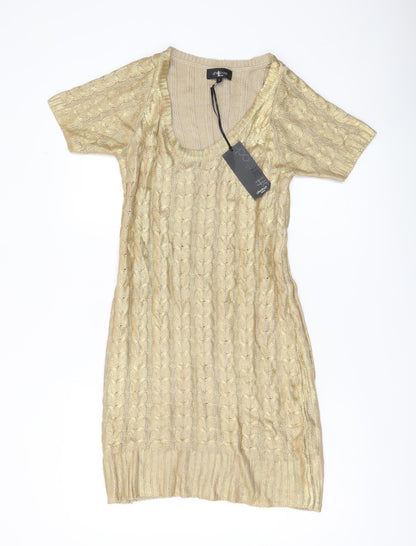 Aftershock London Women’s Gold Short Jumper Dress Size S Scoop Neck