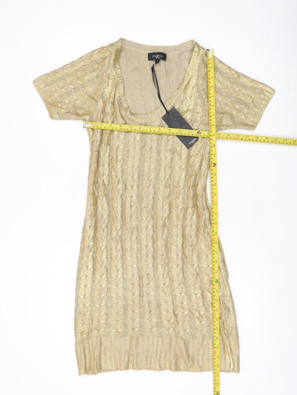 Aftershock London Women’s Gold Short Jumper Dress Size S Scoop Neck