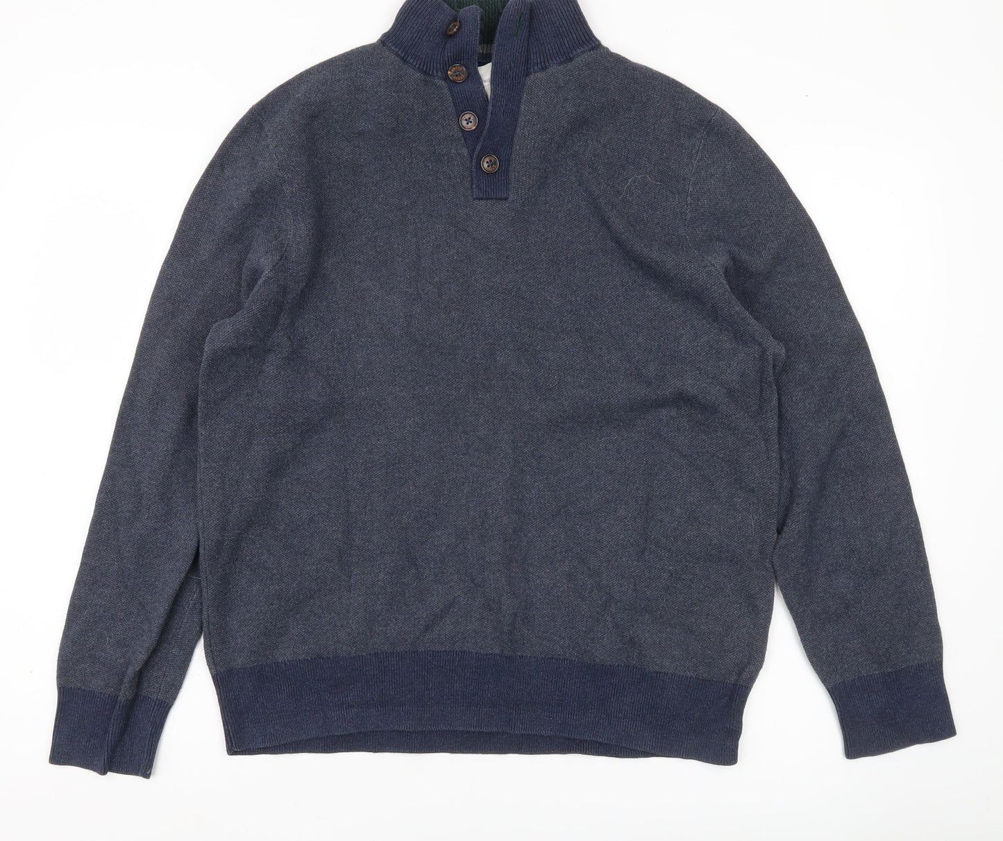 White Stuff Men’s Blue Henley Jumper Size L Mock Neck Cotton