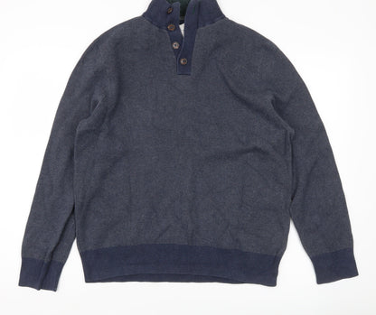 White Stuff Men’s Blue Henley Jumper Size L Mock Neck Cotton
