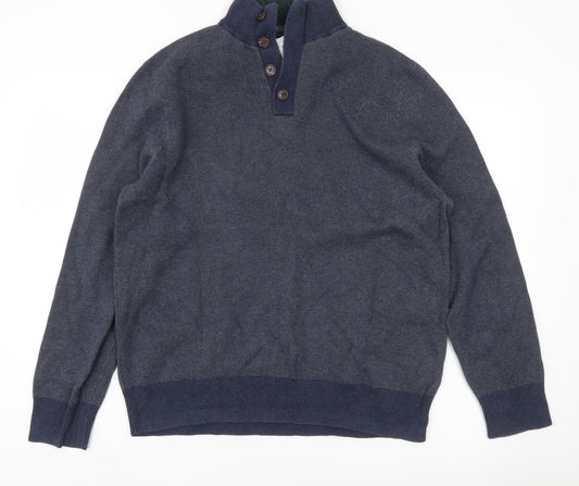 White Stuff Men’s Blue Henley Jumper Size L Mock Neck Cotton
