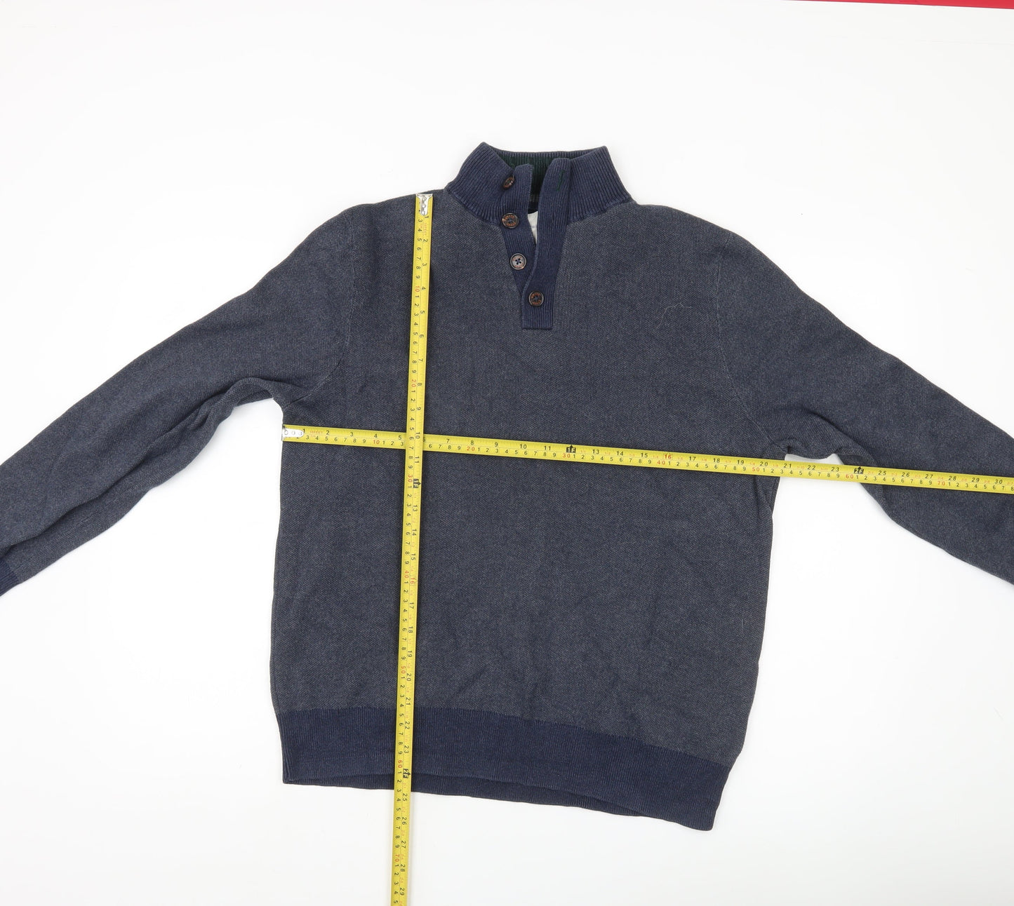 White Stuff Men’s Blue Henley Jumper Size L Mock Neck Cotton