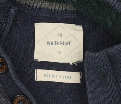 White Stuff Men’s Blue Henley Jumper Size L Mock Neck Cotton