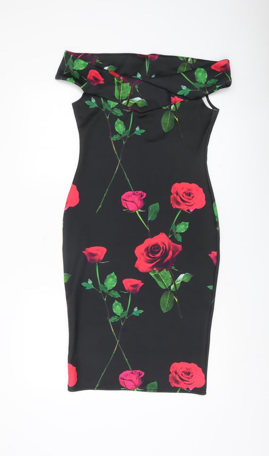 Quiz Women’s Black Floral Bodycon Dress Size 12 Off Shoulder