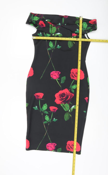 Quiz Women’s Black Floral Bodycon Dress Size 12 Off Shoulder
