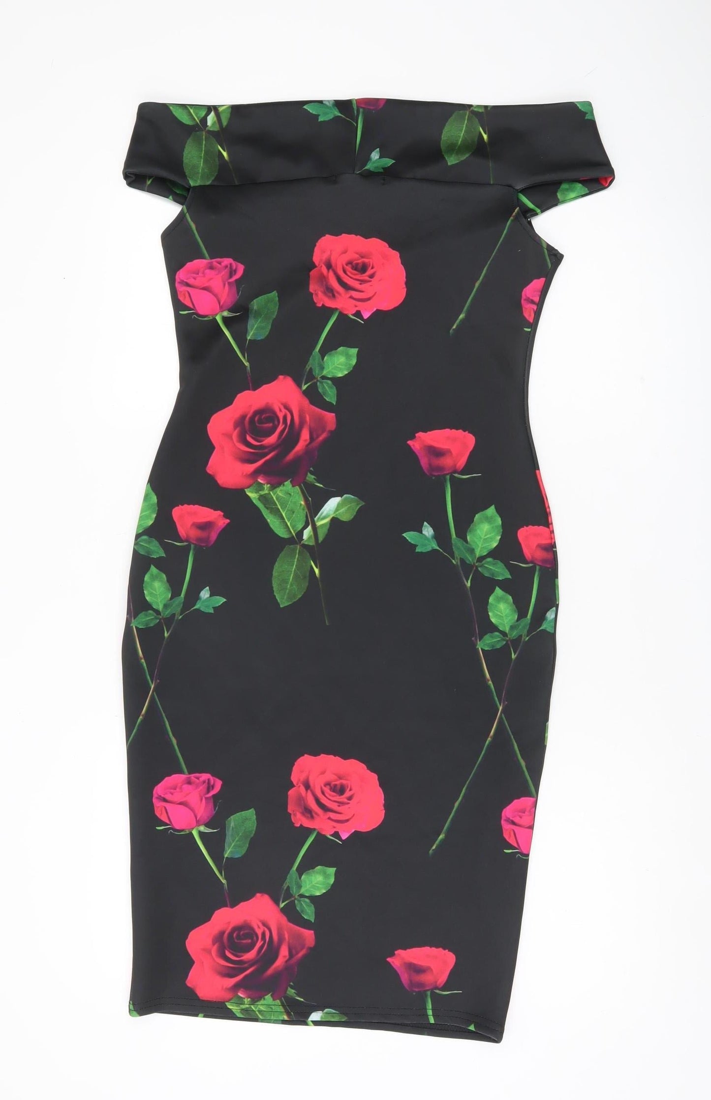 Quiz Women’s Black Floral Bodycon Dress Size 12 Off Shoulder