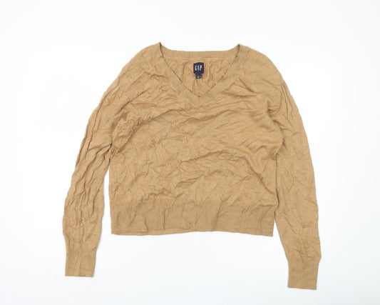 GAP Womens Beige V-Neck Pullover Jumper M Cotton Blend Knit