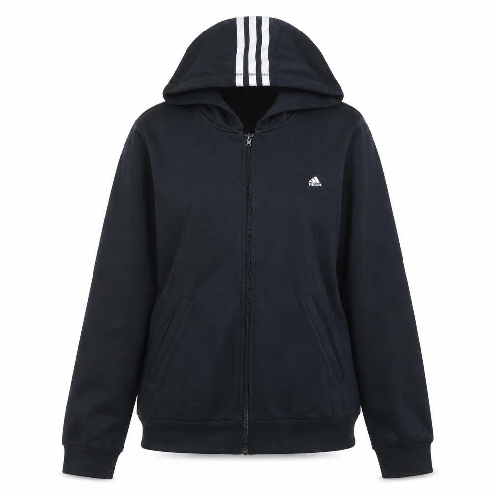 Front view of Adidas Women's Black Full Zip Hoodie, size 12, Sports Logo Cotton