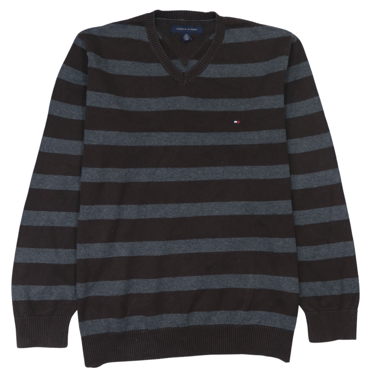 Tommy Hilfiger Men’s Brown Grey Striped V-Neck Jumper Size L
