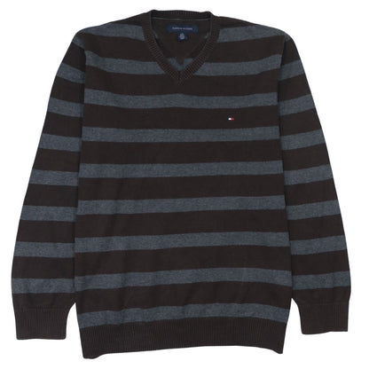 Tommy Hilfiger Men’s Brown Grey Striped V-Neck Jumper Size L