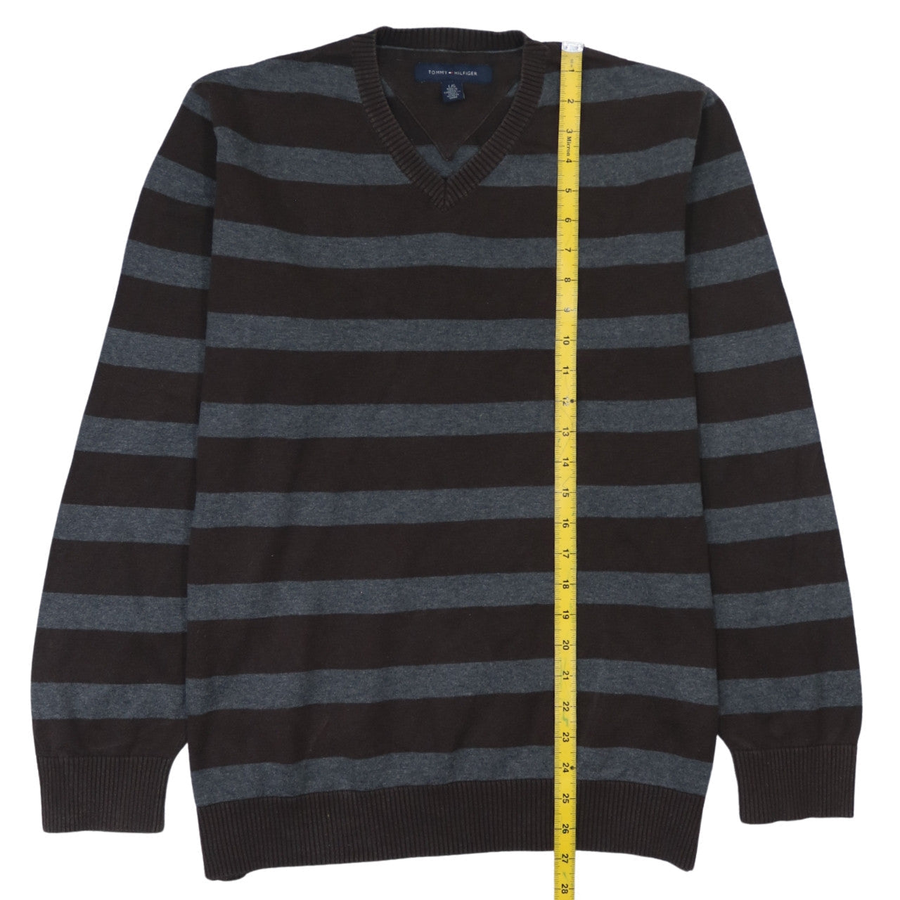 Tommy Hilfiger Men’s Brown Grey Striped V-Neck Jumper Size L