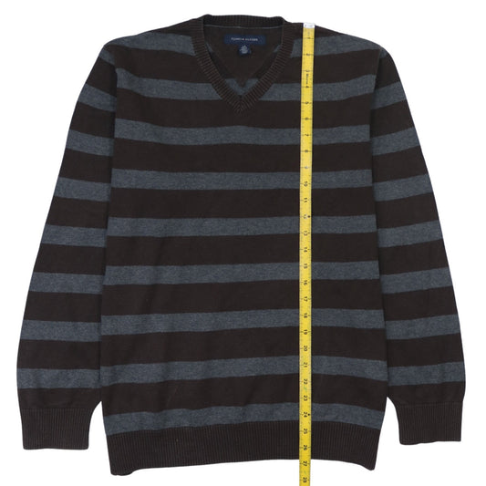 Tommy Hilfiger Men’s Brown Grey Striped V-Neck Jumper Size L