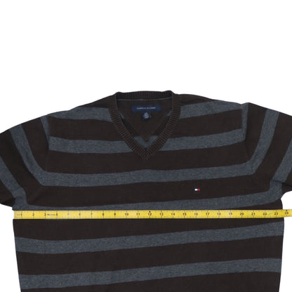 Tommy Hilfiger Men’s Brown Grey Striped V-Neck Jumper Size L