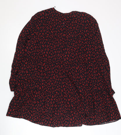 Zara Women Black Red Animal Print Shift Dress XS Long Sleeve