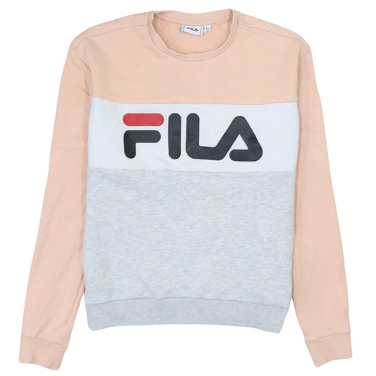 Fila Womens Sweatshirt XS Beige Grey Colourblock Crew Neck Logo