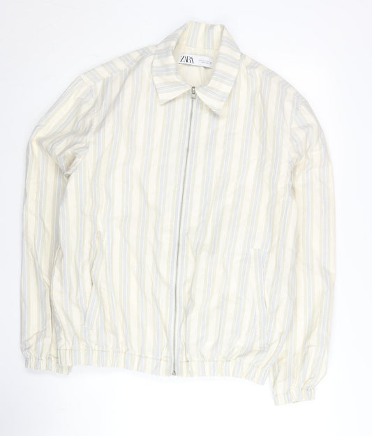Zara Men's Beige Striped Cotton Jacket Size M Full Zip Casual