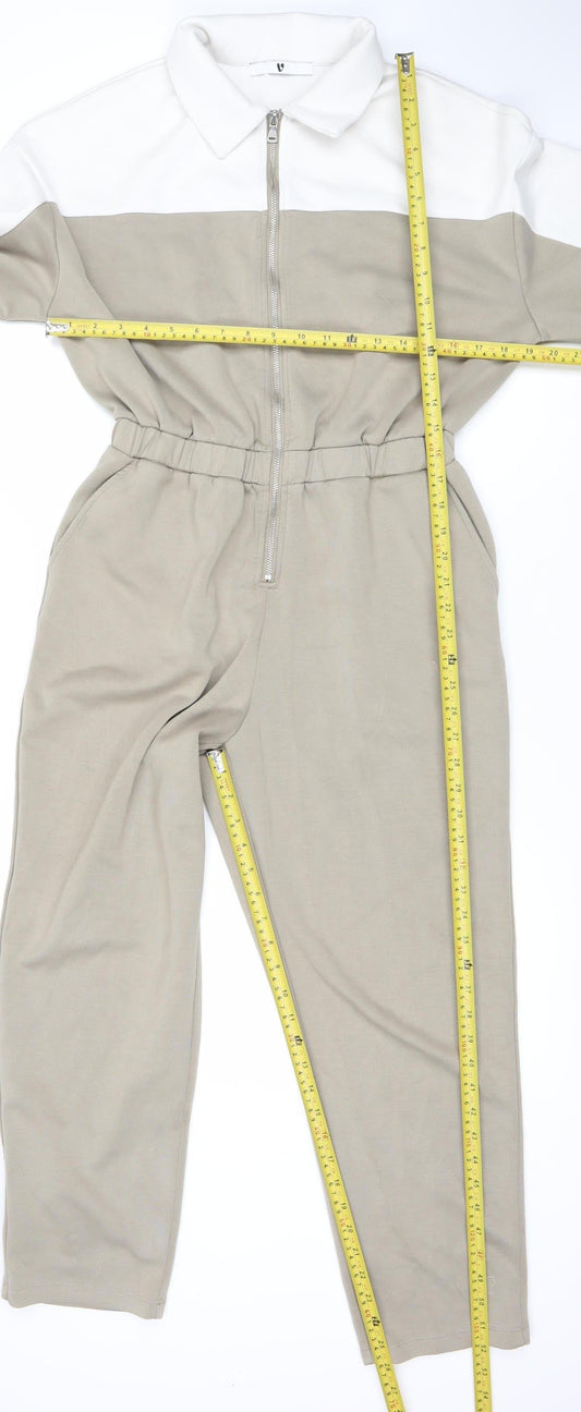 Very Women’s Beige Collared Zip Jumpsuit Size 12 Long Sleeve