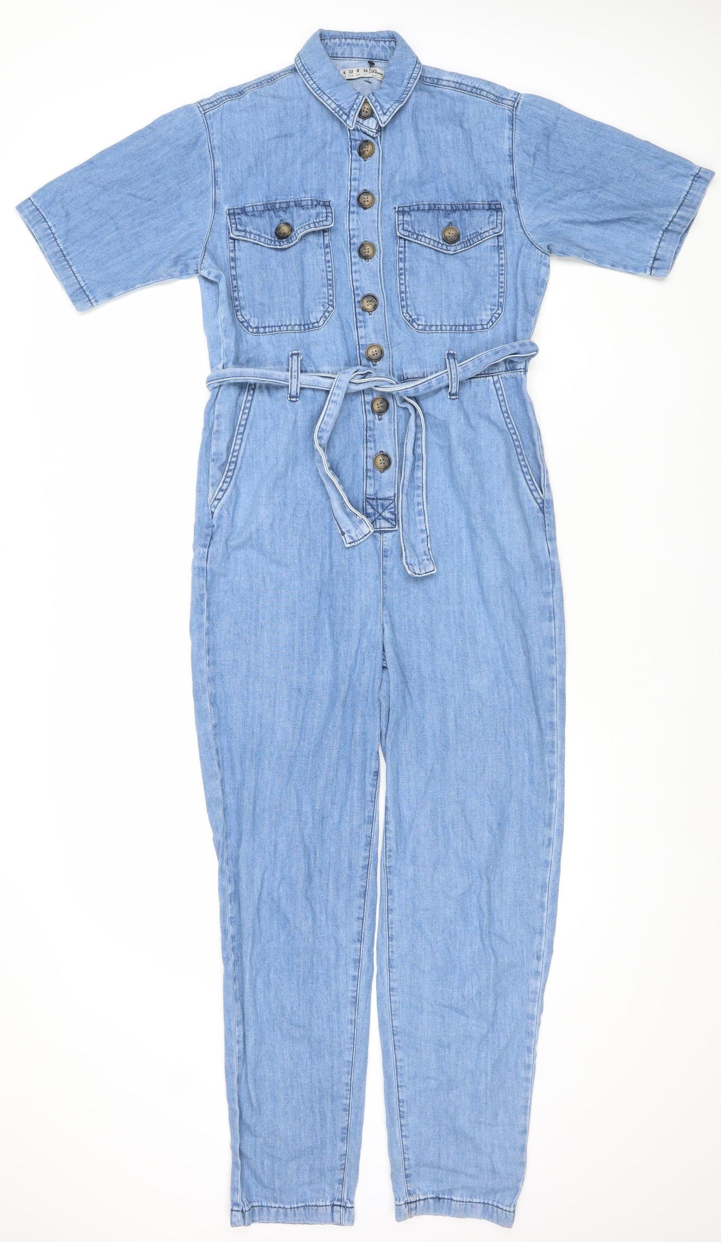 Denim Co. Women's Blue Denim Jumpsuit Size 4 Short Sleeve Belted