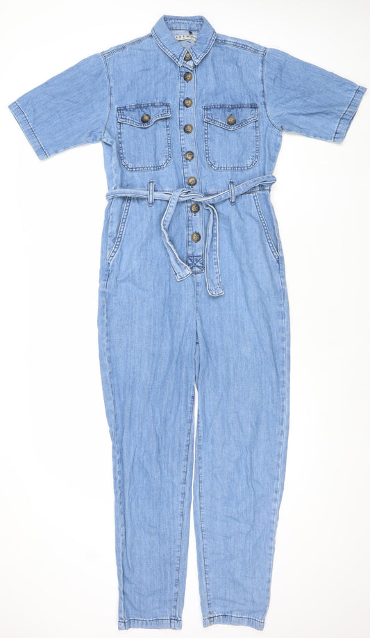 Denim Co. Women's Blue Denim Jumpsuit Size 4 Short Sleeve Belted