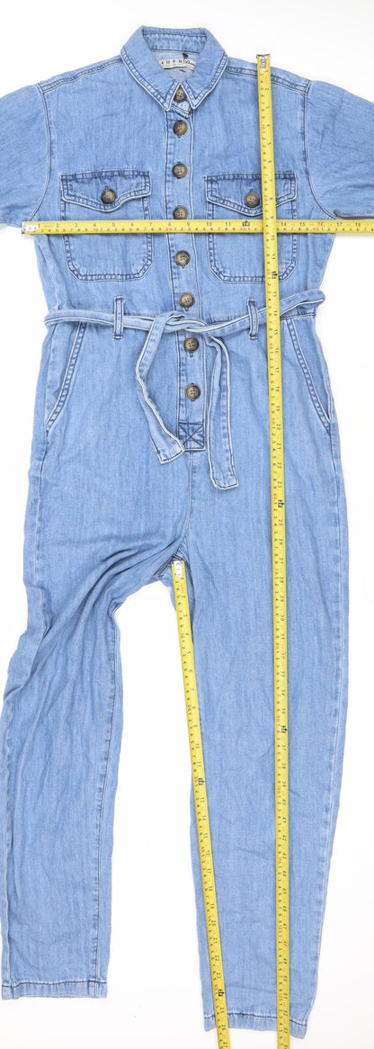 Denim Co. Women's Blue Denim Jumpsuit Size 4 Short Sleeve Belted