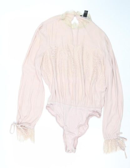 Forever 21 Women Pink Lace Long Sleeve Bodysuit Size M