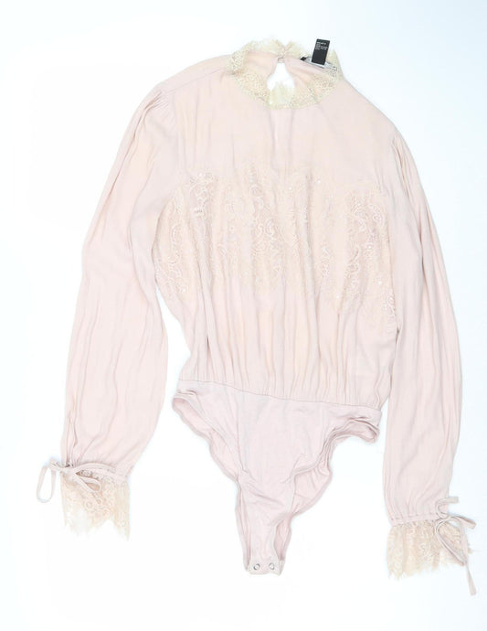Forever 21 Women Pink Lace Long Sleeve Bodysuit Size M