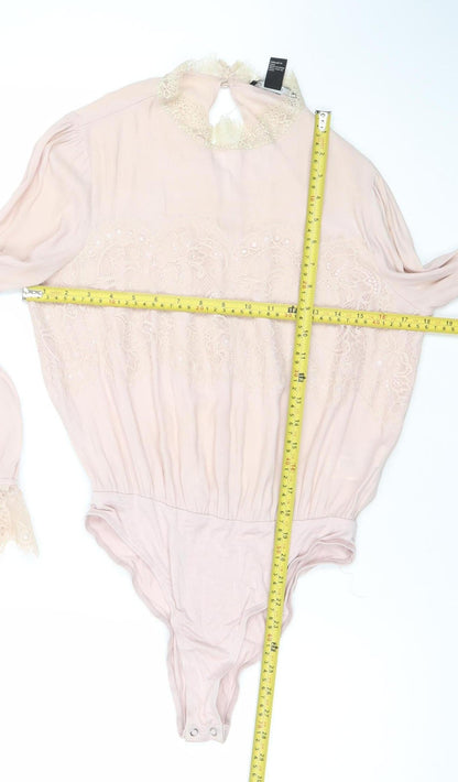 Forever 21 Women Pink Lace Long Sleeve Bodysuit Size M
